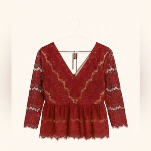 Maeve Anthropologie Burgundy Lace Peplum Top | Nude Lining | Size L